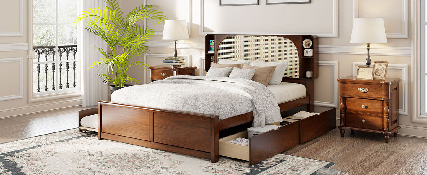 Queen Size Rattan Headboard Bed with Two Drawers and Trundle, Walnut