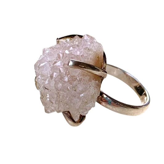 Pink Crystal Quartz Druzy Sterling Silver Mineral Ring|Size 6