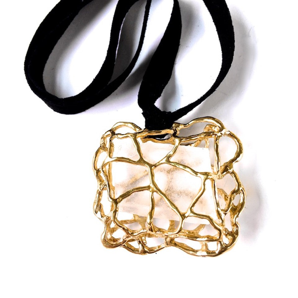 Icelandic Spar Pendant Necklace in Gold Metal Cage with Thick Ties