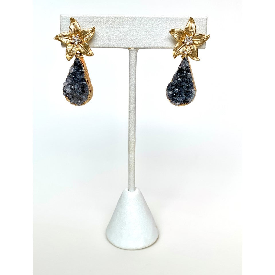 Grey Druzy Teardrop Earrings with Starfish Flower Tops