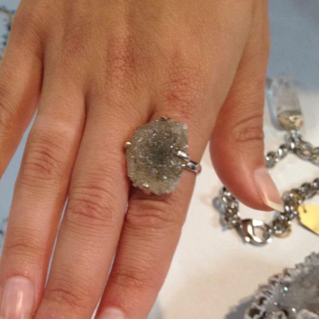 Pink Crystal Quartz Druzy Sterling Silver Mineral Ring|Size 6