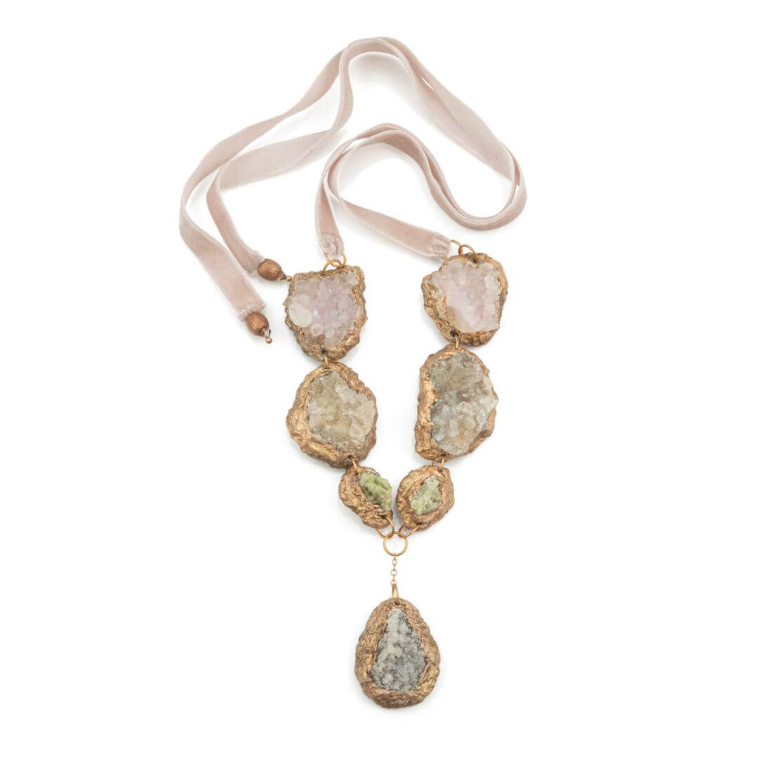 Pastel Druzy Necklace with Crystal Quartz, Calcite, Vesuvianite and Zincite