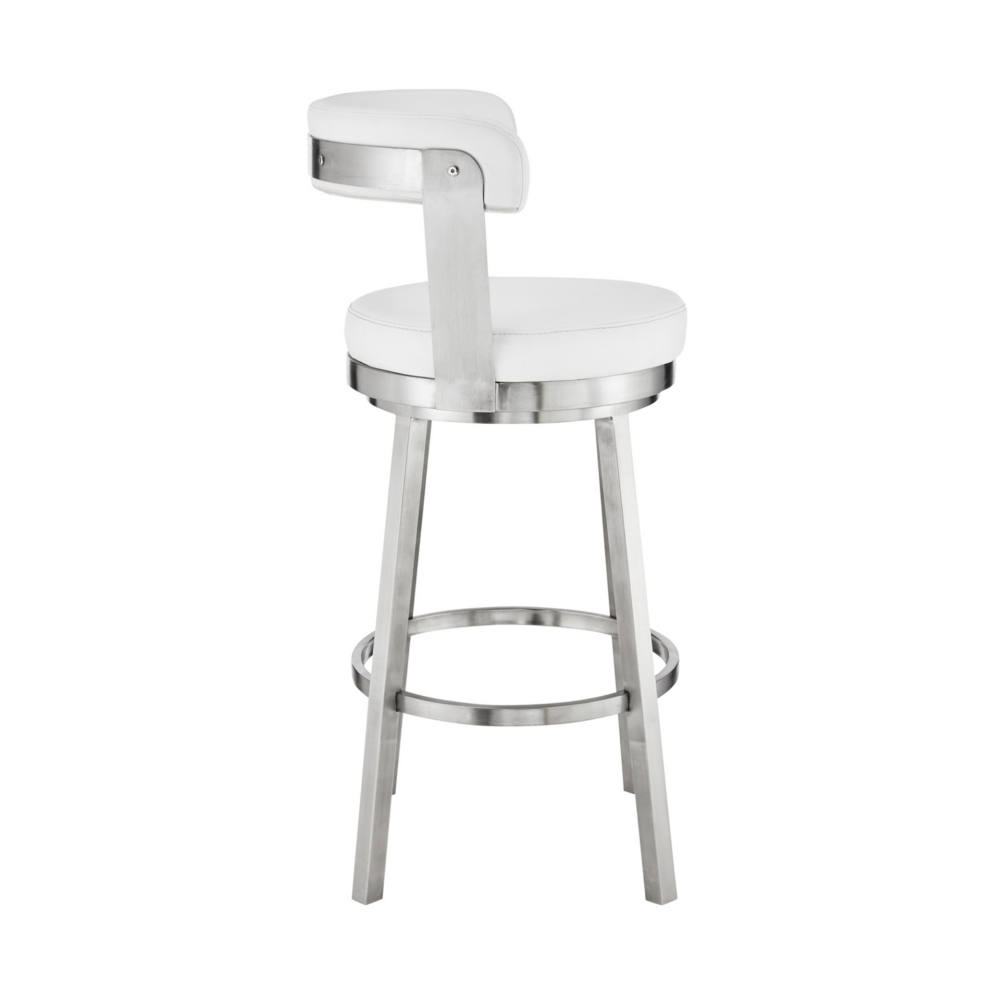 "26"" Chic White Faux Leather with Stainless Steel Finish Swivel Bar Stool"