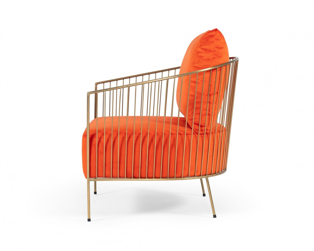"27"" Orange Velvet And Gold Solid Color Arm Chair"