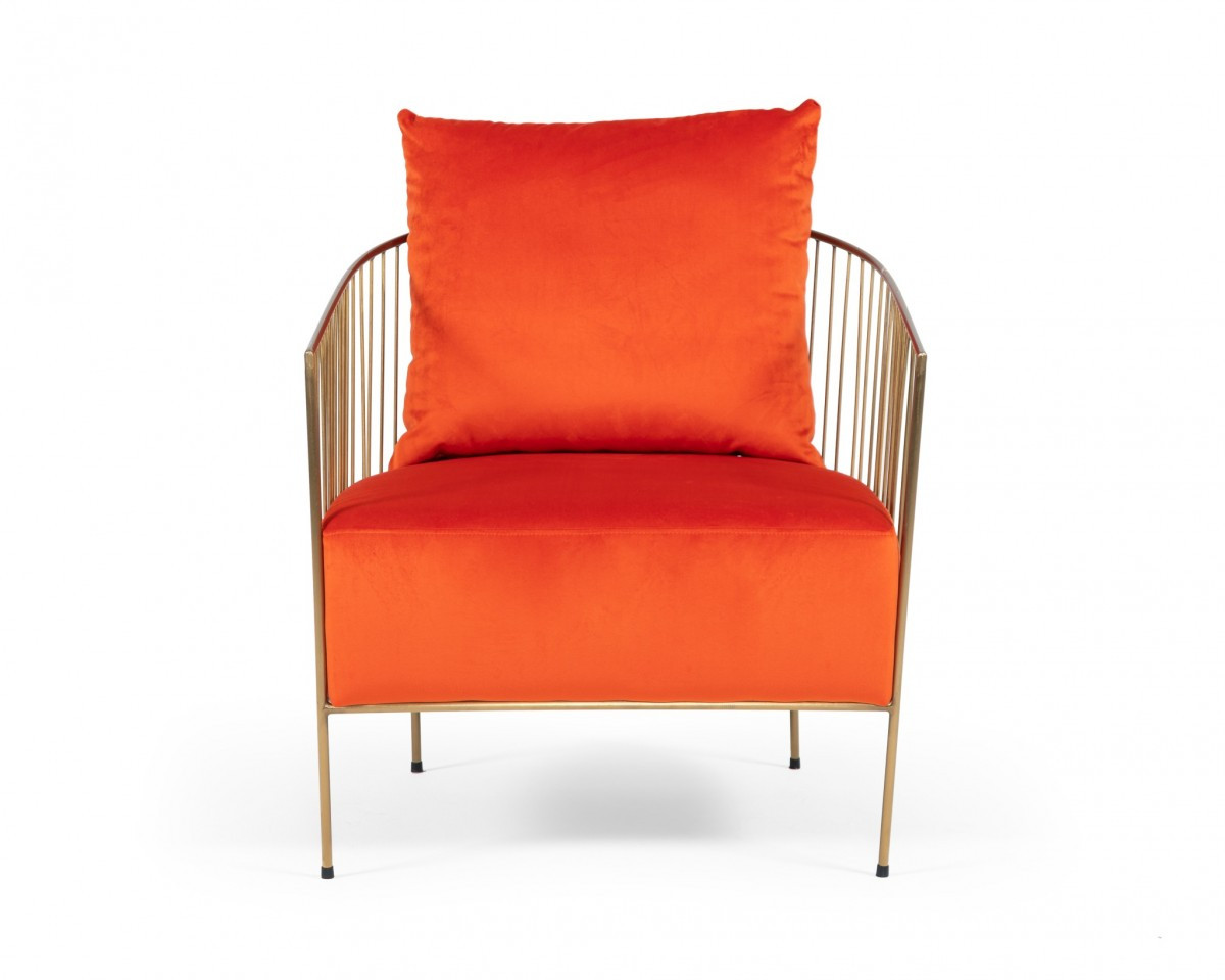 "27"" Orange Velvet And Gold Solid Color Arm Chair"