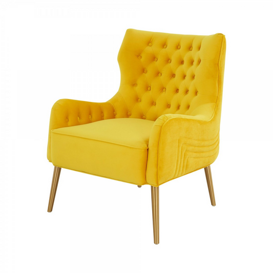 "30"" Yellow Velvet And Gold Solid Color Arm Chair"
