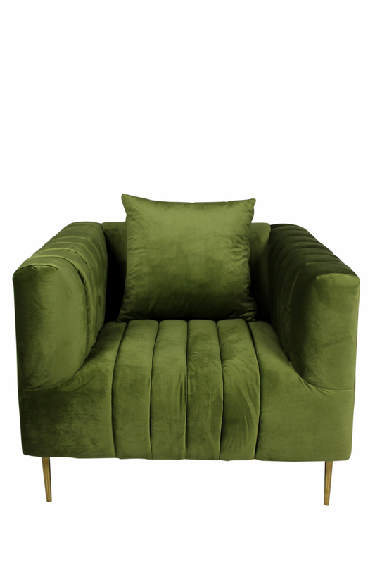 "37"" Olive Velvet And Gold Solid Color Lounge Chair"