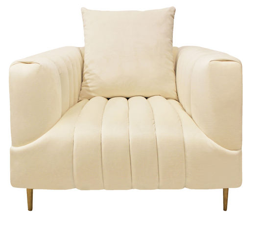 "37"" Ivory Velvet And Gold Solid Color Lounge Chair"