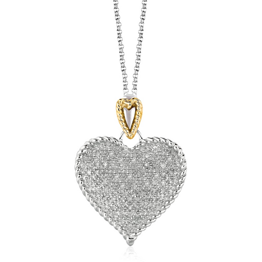 Sterling Silver and 14k Yellow Gold Heart Shape Pave Diamond Pendant