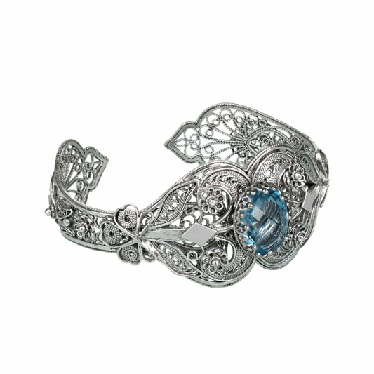 Sterling Silver Filigree Art Blue Topaz Gemstone Women Cuff Bracelet