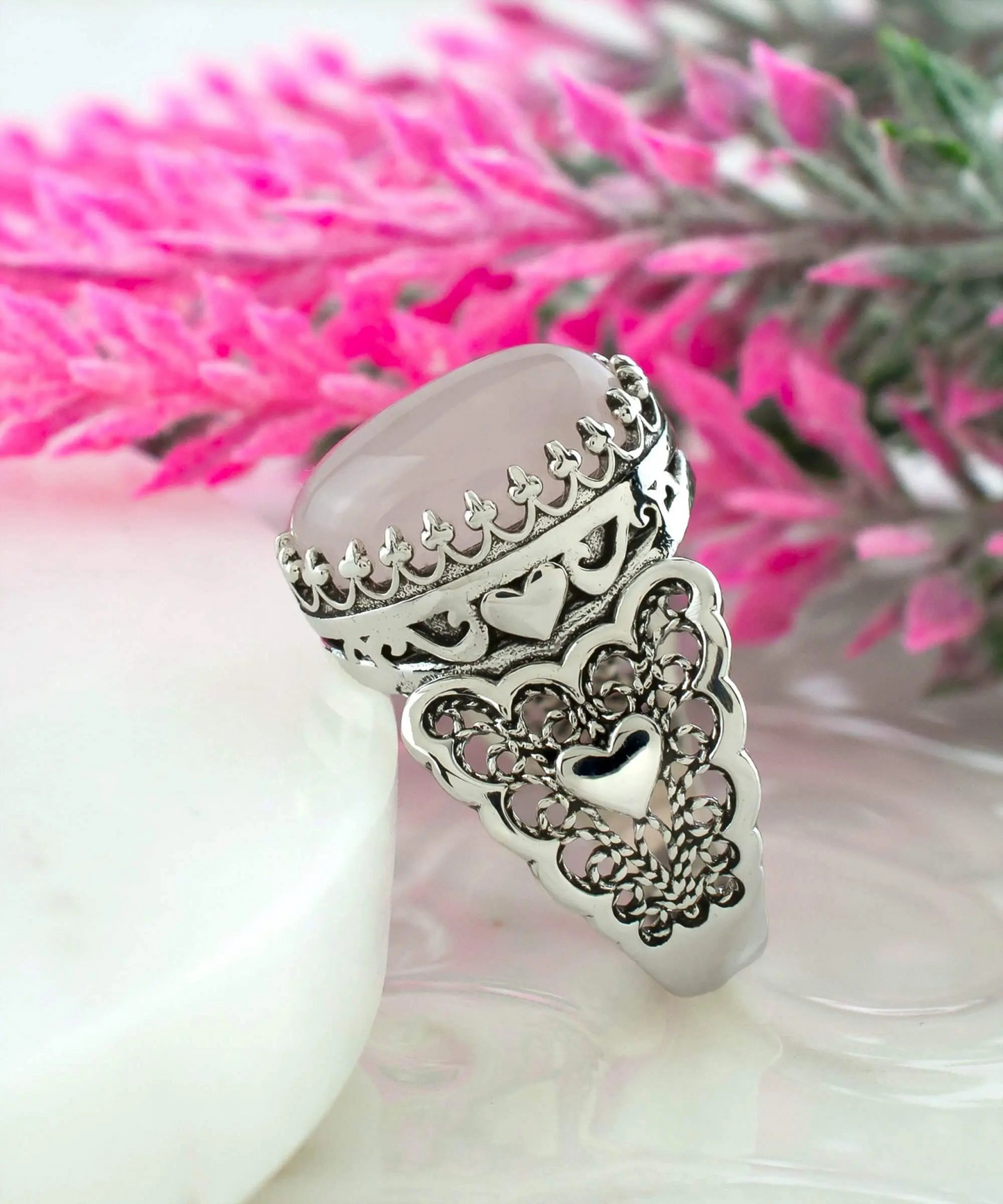 Rose Quartz Gemstone Double Heart Detailed Filigree Art 925 Sterling Silver Women Statement Ring
