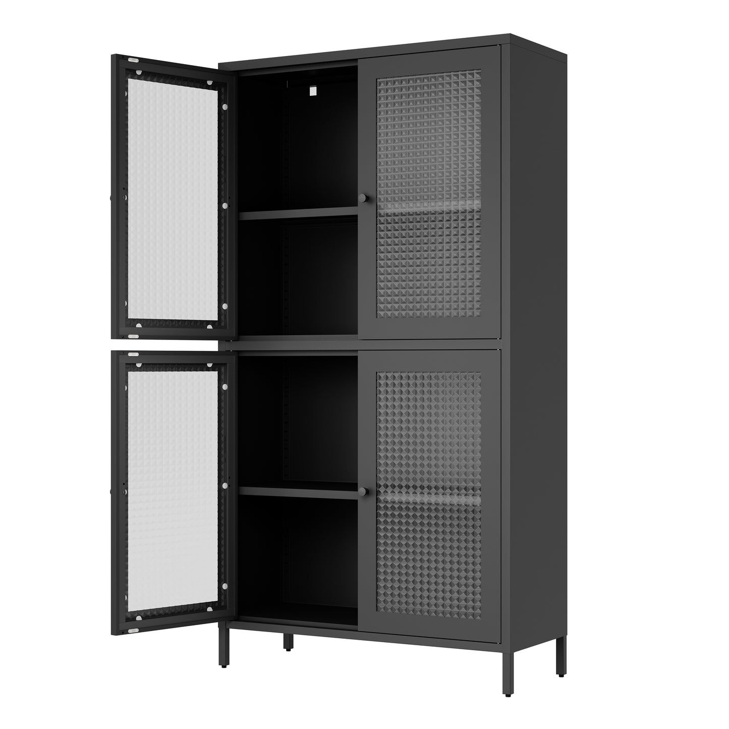 Classic Metal Storage Cabinet Display Cabinet with 4 Glass Doors 4 Shelves Cabinet Bookcase Side Cabinet for Home Office Living Room Kitchen Hallway - Black, Waffle Grids Tempered Glass