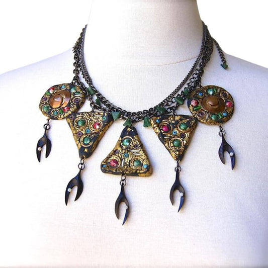 Metallic Gold and Black Art Nouveau Necklace with Green Jade