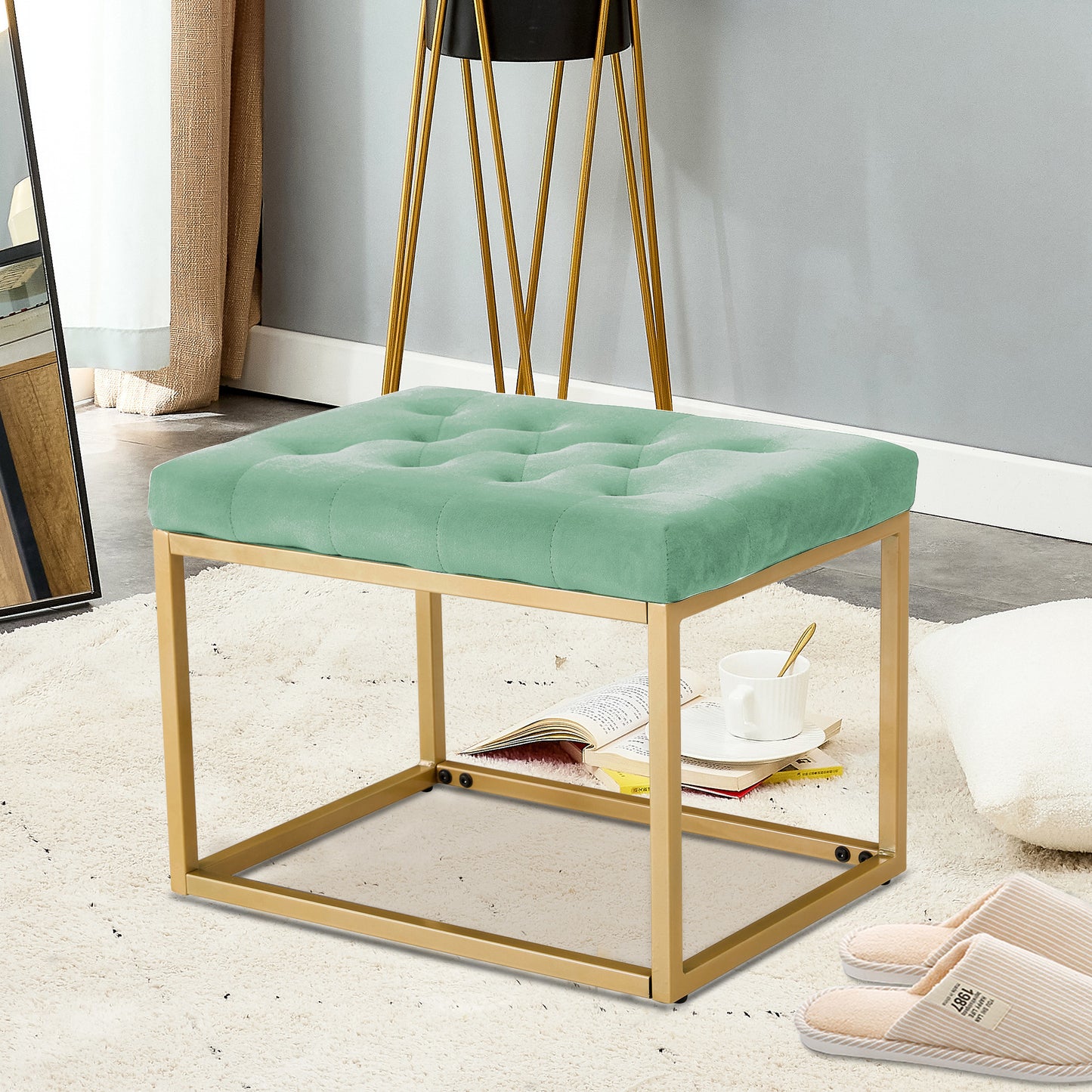 Velvet Shoe Changing Stool,Light green Footstool, Square Vanity Chair, Sofa Stool,Makup Stool Rest Stool. Piano Bench.Suitable for Clothes Shop,Living Room, Porch, Fitting Room Bedroom ST-001-DGN