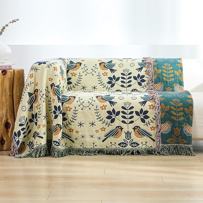 Boho Throw Blanket for Bed Couch 100% Cotton Woven Bed Throws for All Season Lightweight and Soft Cozy Farmhouse Reversible Muslin Decorative Blanket for Travel Picnic, Teal/Cream, 60''x80''