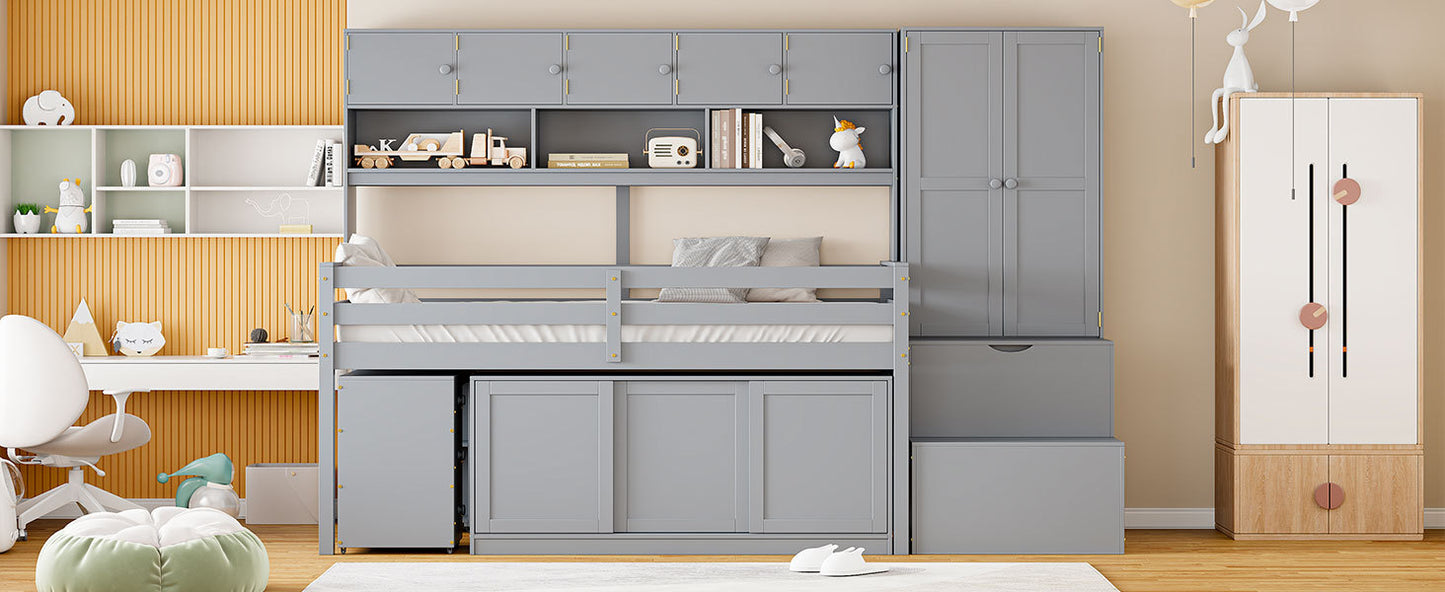 Twin Size Wooden Loft Bed Big Storage with Under-bed Desk, with Drawers, with Shelves, Gray
