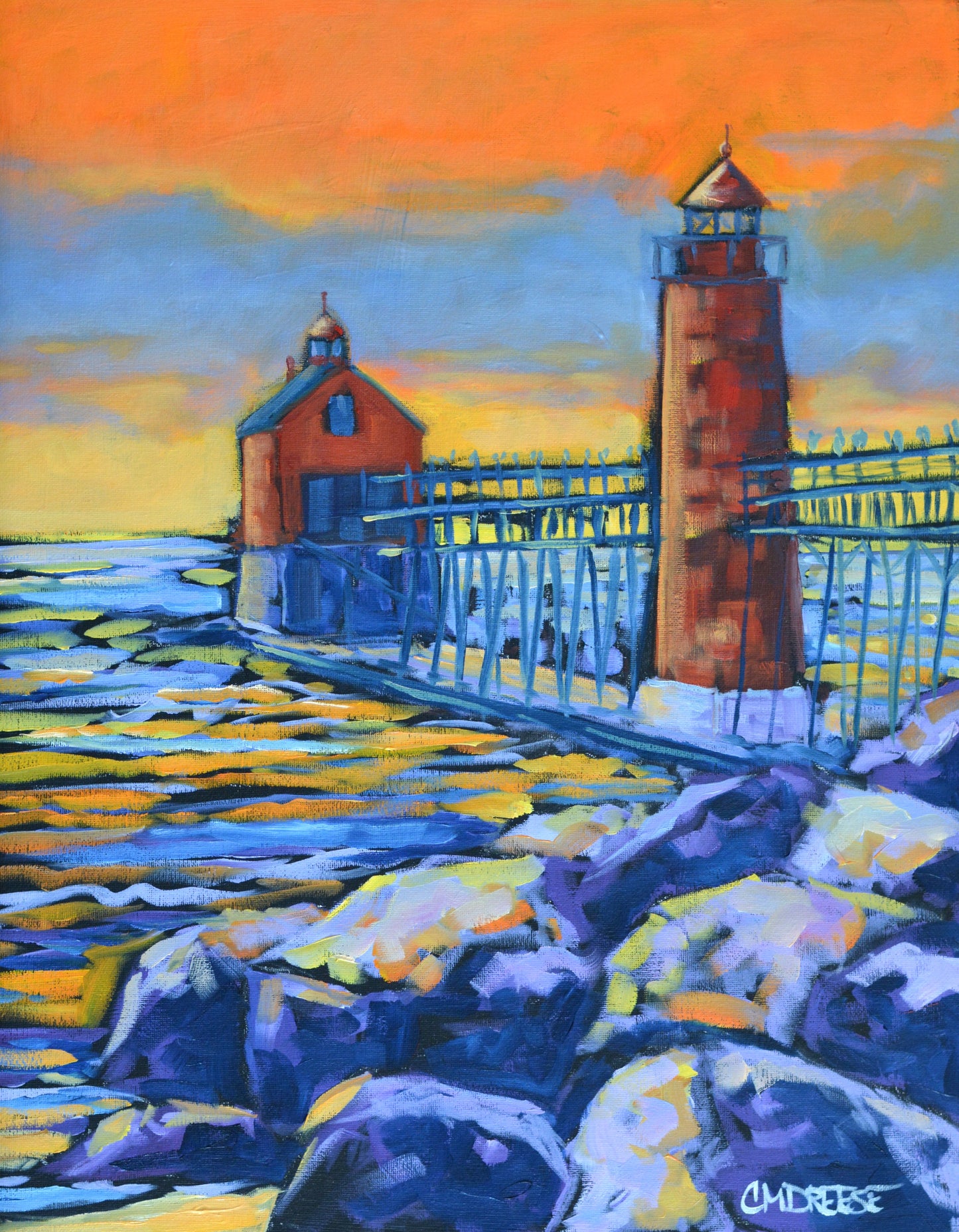 "Grand Haven Lighthouse: Burning Sky, Quiet Shore" Print- Wall Art Home Decor