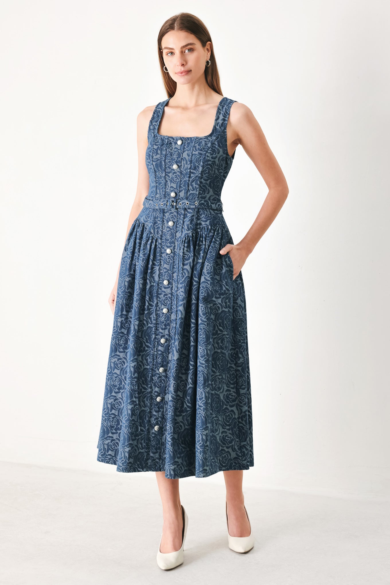 MIDNIGHT GARDEN DENIM MIDI DRESS – Gallery La La