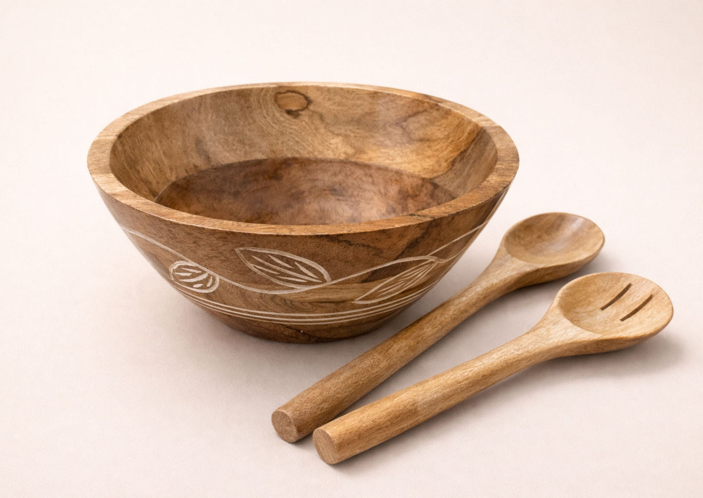 Carved Pattern Mango Wood Bowl - Brown