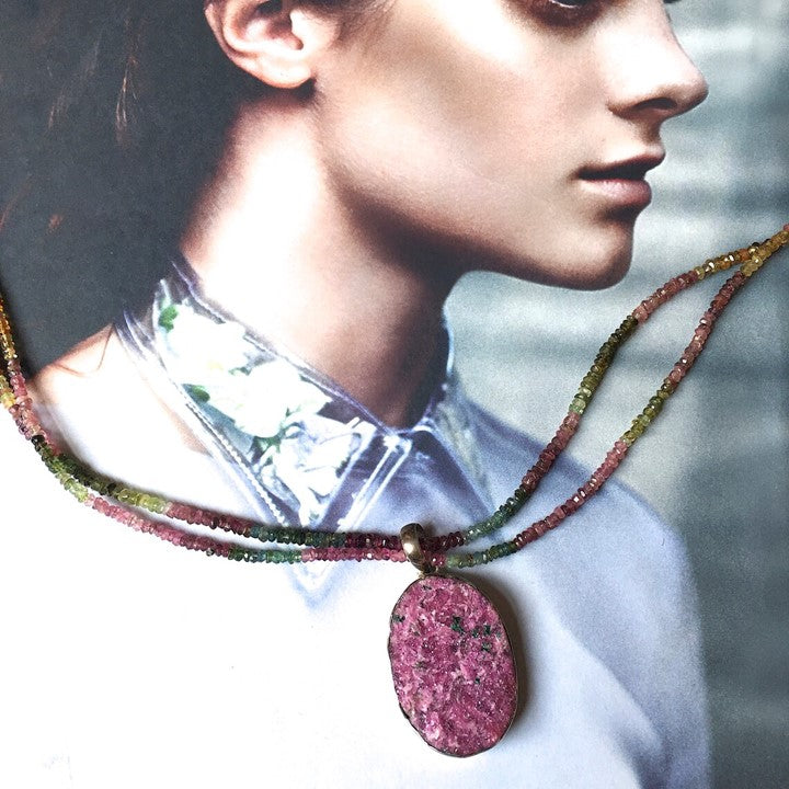 Pink Cobaltoan Calcite Druzy Pendant with Tourmaline Double Beaded Strand- Large Cobaltoan Calcite in Sterling Silver