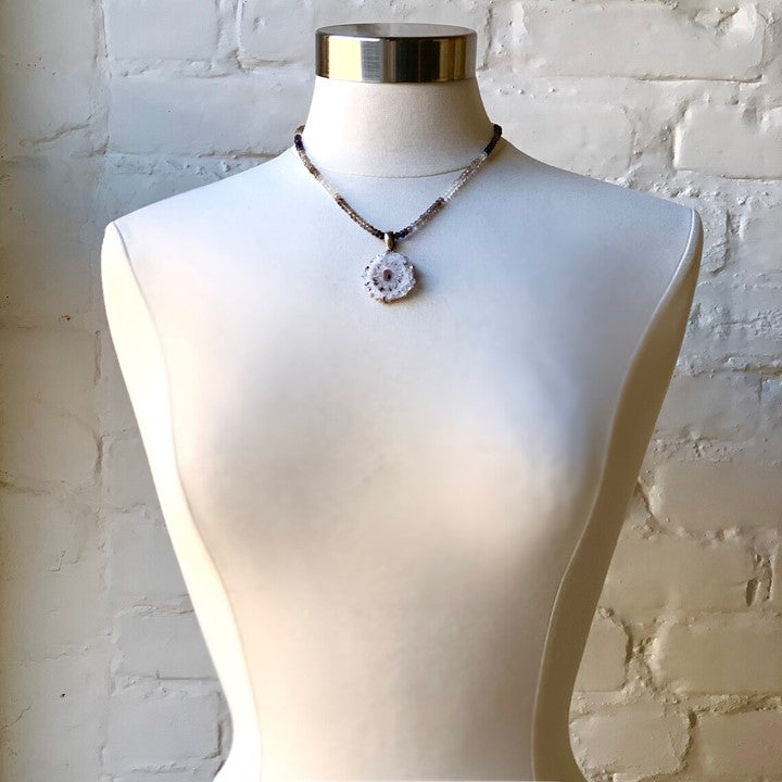 SOLAR QUARTZ Pendant on Smoky Topaz Bead Choker Natural Crystal Mineral Stalactite Pendant in Sterling Silver Raw Mineral Necklace