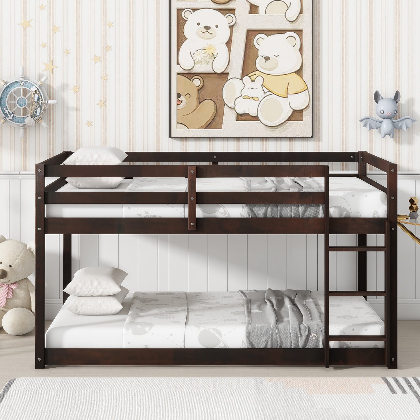 Solid Wooden, Solid Rubber Wooden Twin over Twin Floor Bunk Bed with Ladder, with Bed Platform of Strengthened Slats , Espresso