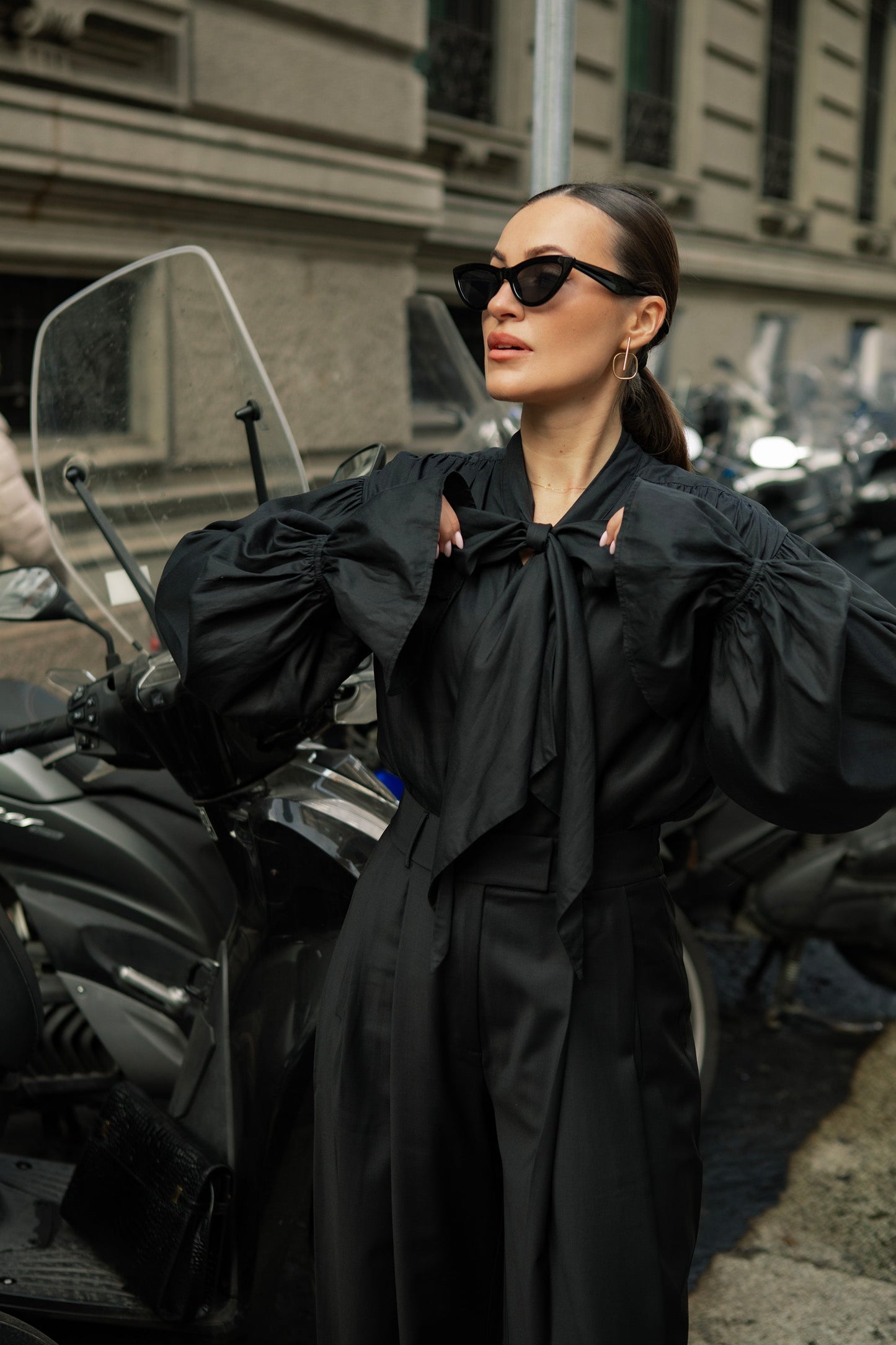 Protagonista Tencel Bow-Tie Black Blouse With Voluminous Airy Sleeves