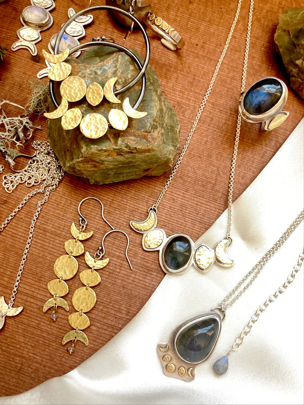 Moon Phase Hoop Earrings in Oxidized Sterling Silver and Brass