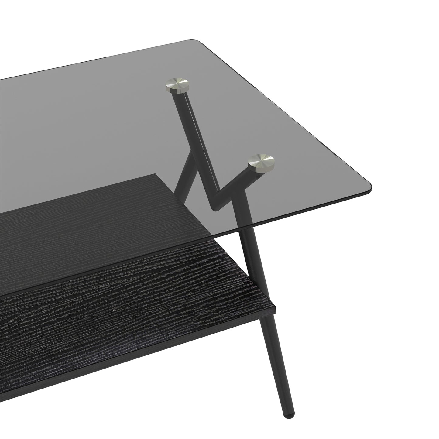 Rectangle Coffee Table with Tempered Glass top and Black MDF Shelf, Modern Table for Living Room, Gray Glass