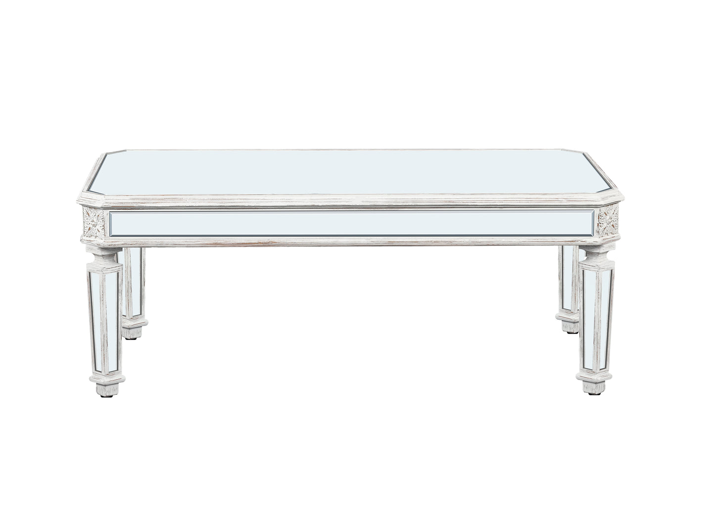 Silver Mirrored Coffee Table, Vintage Carved Elements, Rectangle Glass Tea Table with Mirrored Finish, Modern Center Table for Living Room and Office (24" D x 48" W x 18" H)