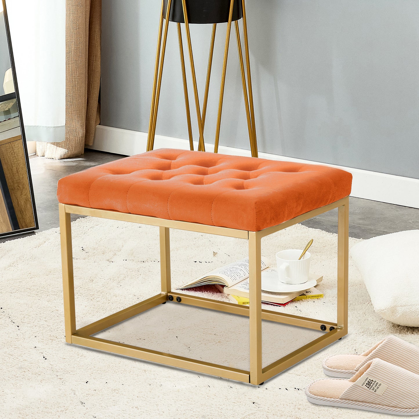 Velvet Shoe Changing Stool, Orange Footstool, Square Vanity Chair, Sofa stool,Makup Stool .Vanity Seat ,Rest stool. Piano Bench .Suitable for Clothes Shop,Living Room, Fitting Room BedroomST-001
