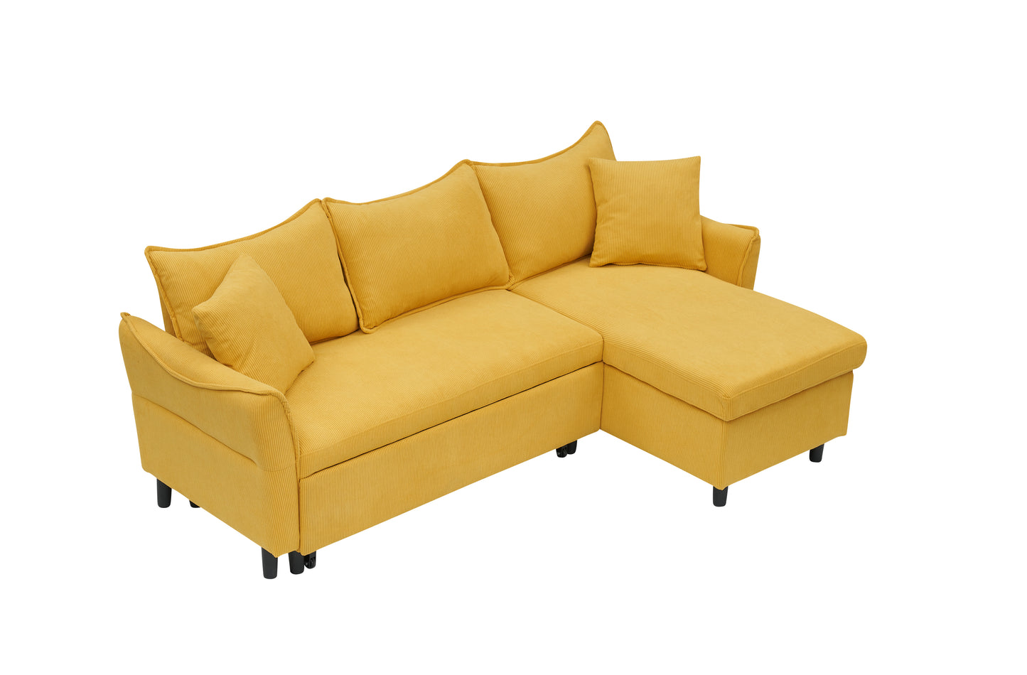 The 80-inch yellow corduroy L-shaped sofa comes with two small throw pillows that can be converted into a sofa bed for storage