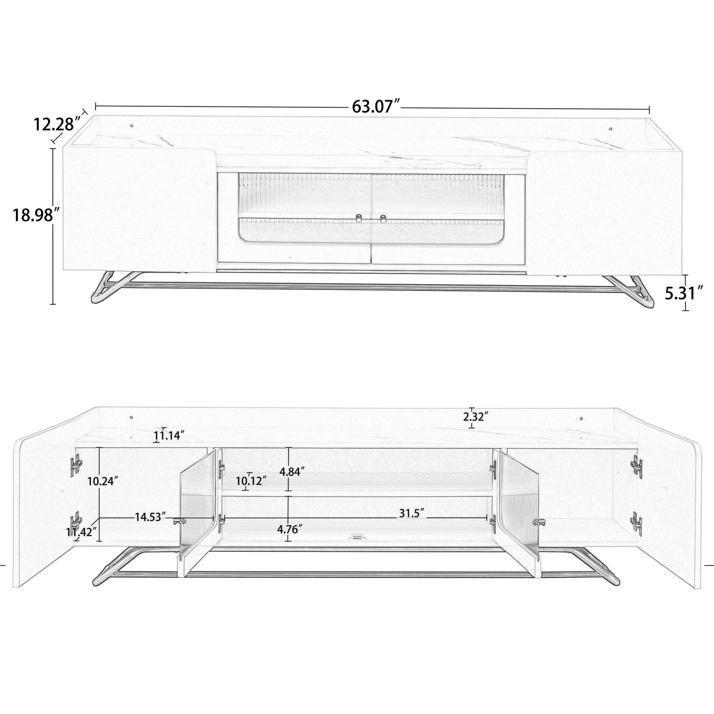 ON-TREND Sleek Design TV Stand with Fluted Glass, Contemporary Entertainment Center for TVs Up to 70", Faux Marble Top TV Console Table with Gold Frame Base, Grey