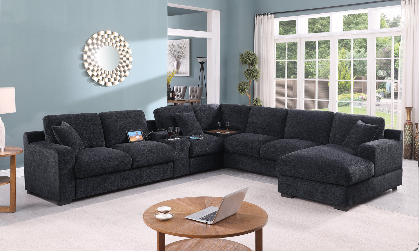 Celine 141.5' Dark Gray Chenille Fabric Corner Sectional Sofa with Right-Facing Chaise, Cupholders, and Charging Ports