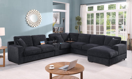 Celine 141.5' Dark Gray Chenille Fabric Corner Sectional Sofa with Right-Facing Chaise, Cupholders, and Charging Ports