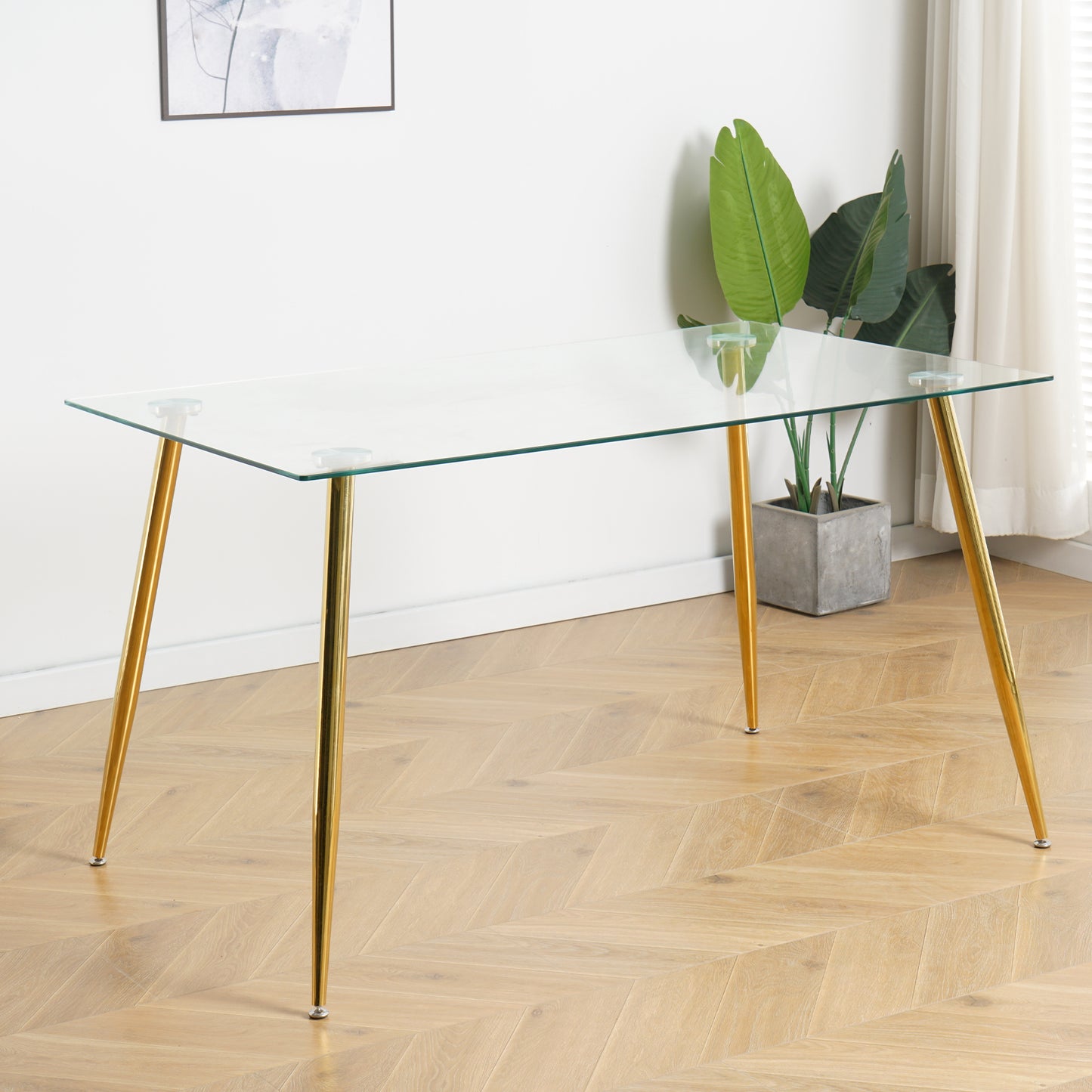 Modern Kitchen Glass dining table 51" Rectangular  Tempered Glass Table top,Clear Dining Table Metal Legs, GOLD legs(set of 1)