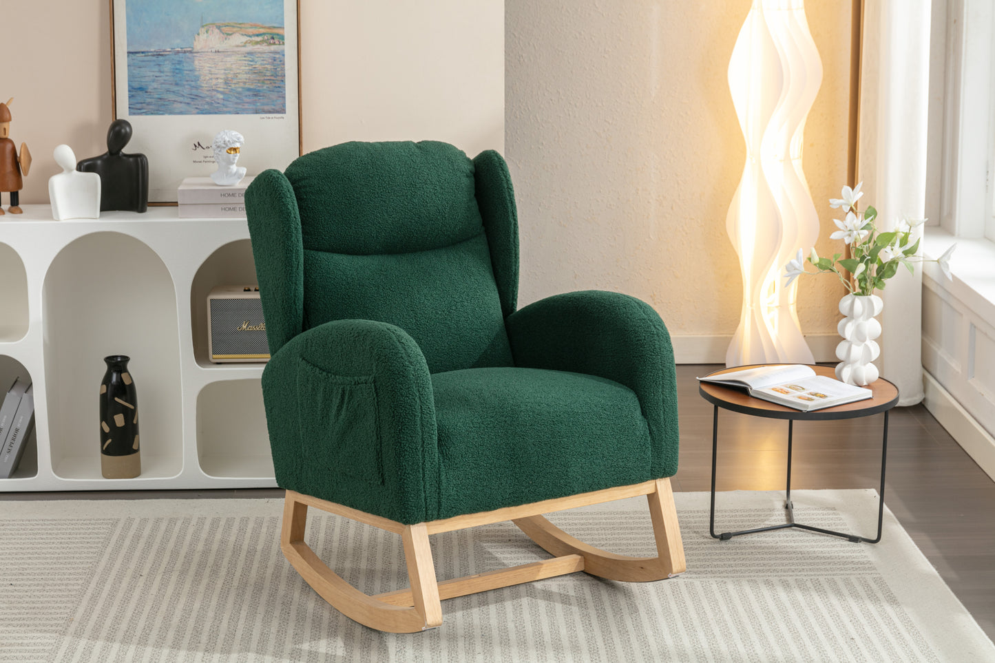 049-Teddy Fabric Rocking Chair With Packet Wood Legs,Green