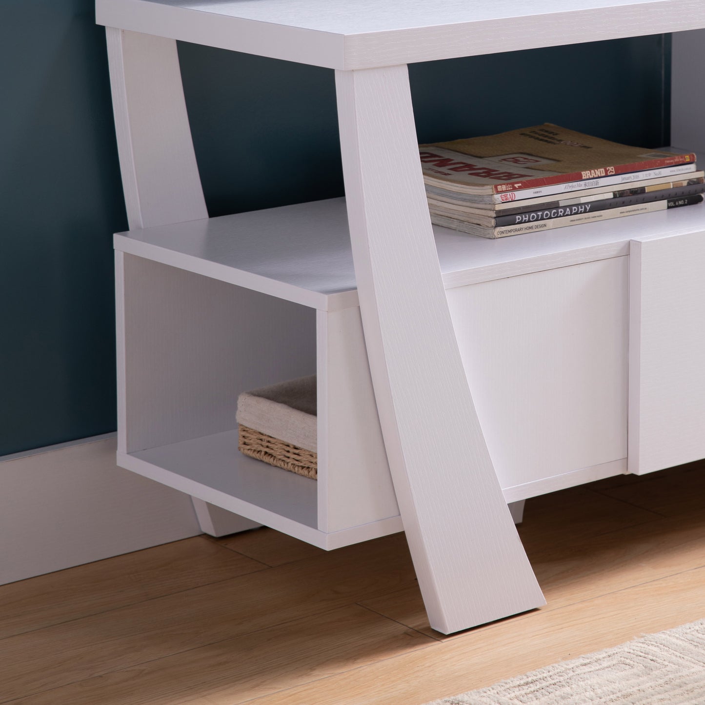 White TV Stand with Two Shelves, One Drawer, and Side Shelf Modern Entertainment Center for Media Storage