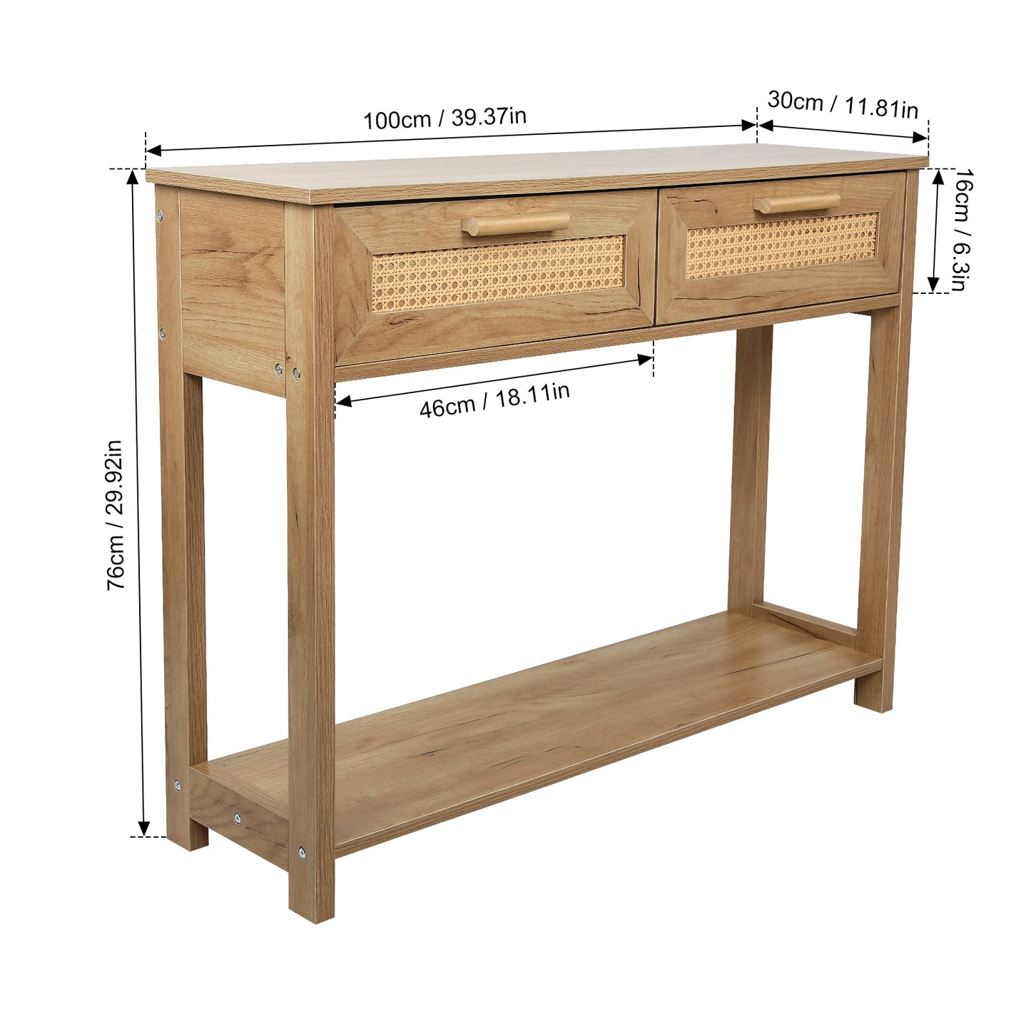 Console Table with 2 Drawers,  Sofa Table, Entryway Table with open  Storage Shelf, Narrow Accent Table with rattan design for Living Room/Entryway/Hallway,  Natural Color