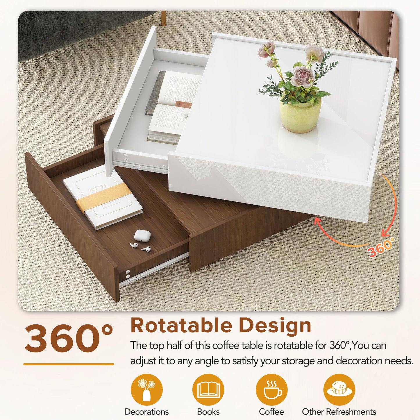 ON-TREND Square 360°Rotating Coffee Table with 2 Drawers, High Gloss 2-Tier Center Table with Swivel Tabletop and Storage, Walnut Table Frame Side Table for Living Room, White