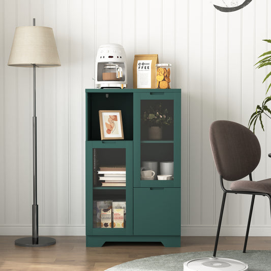 Wooden Floor Cabinet with 2 Glass Doors and 2 Storage Space,Blue Living Room Bathroom Entryway Green