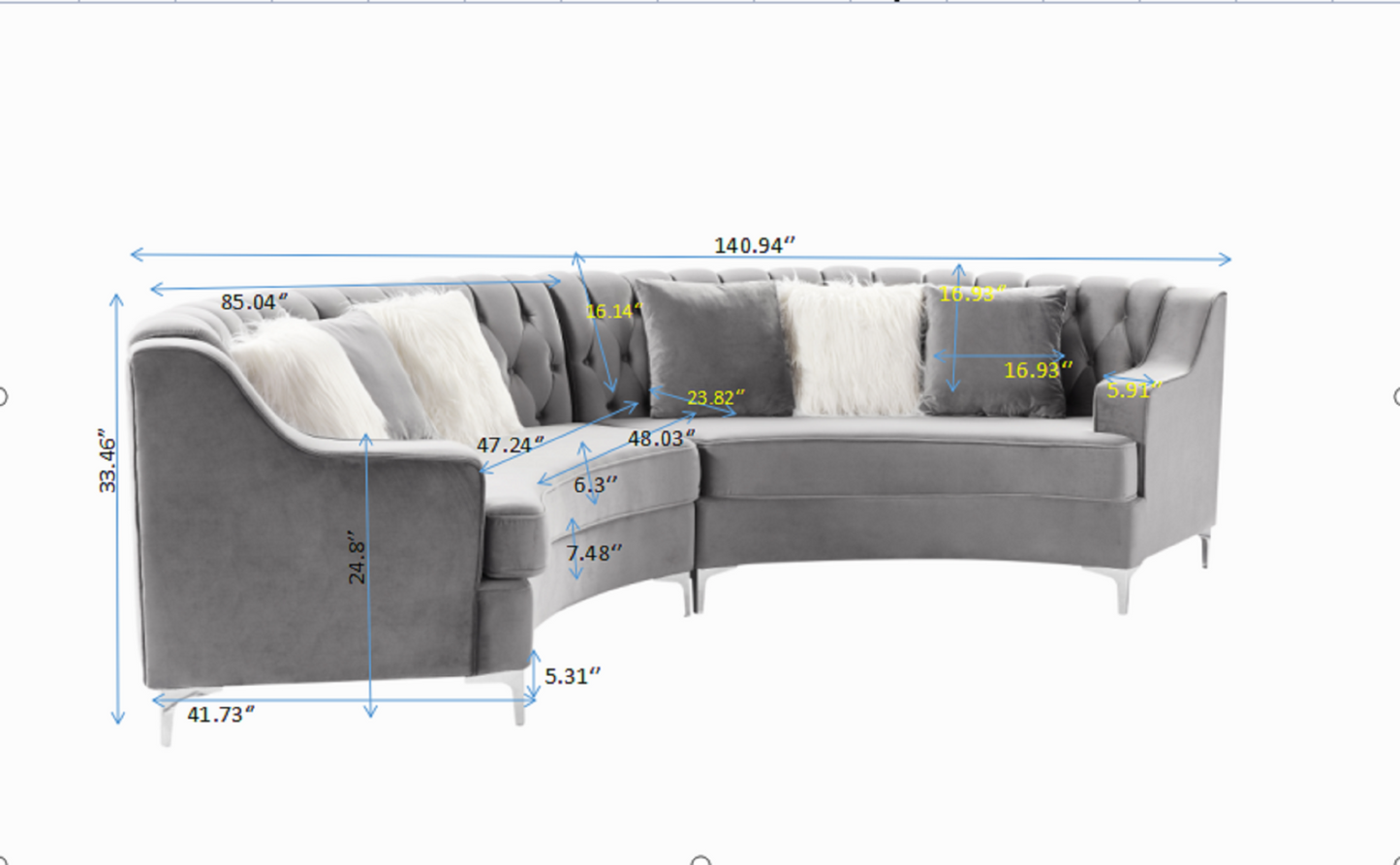 Grey Velvet Tufted Curved Sofa