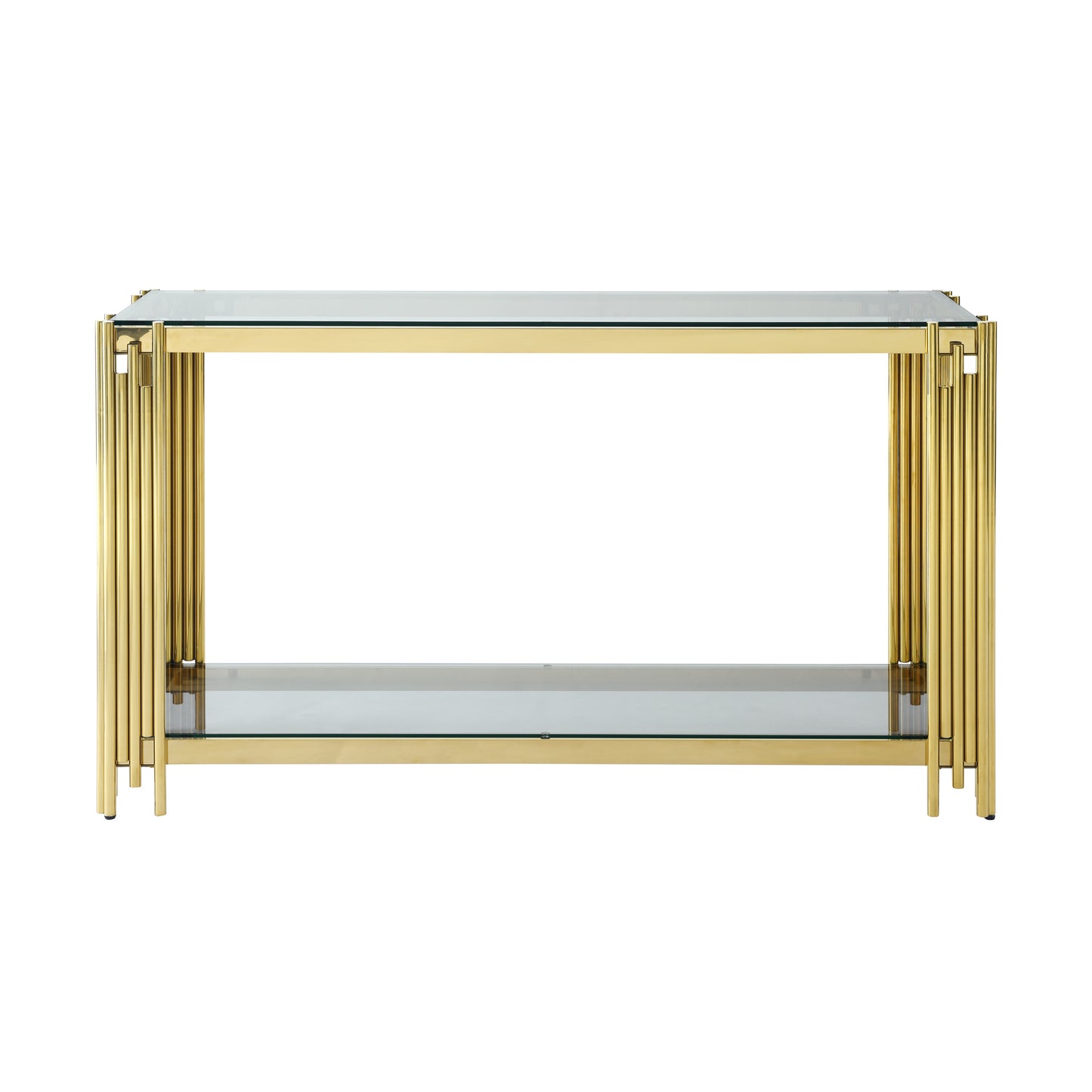 Modern Glass Console Table, 55" Gold Sofa Table with Sturdy Metal Frame and Clear Tempered Glass Top, for Living Room Entryway Bedroom, Gold Finish