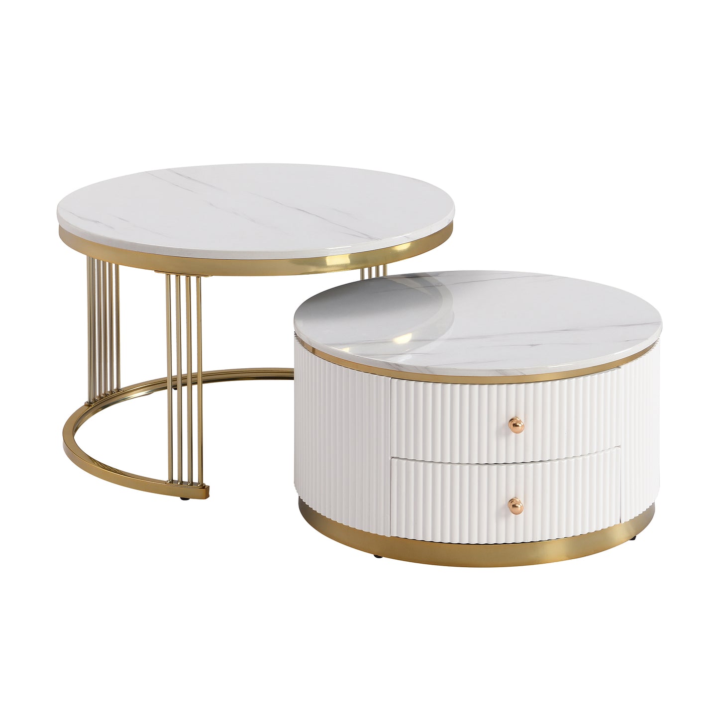 Modern 2 Pieces White Round Nesting  Coffee Table with Drawers in 27.6''