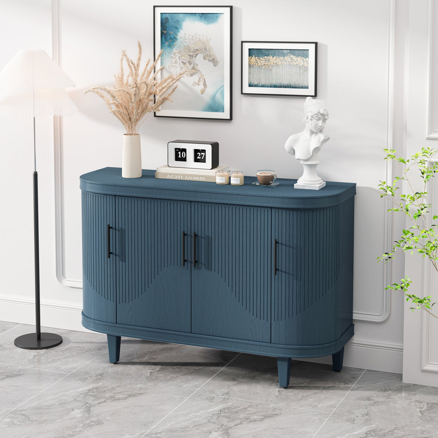 Modern Curved Sideboard 47.2-Inch Decorative Storage Cabinet Wooden Console Table Coffee Bar Cabinet with 4 Doors and Adjustable Interior Shelves for Living Room, Kitchen, Bedroom, Hallway (Blue)