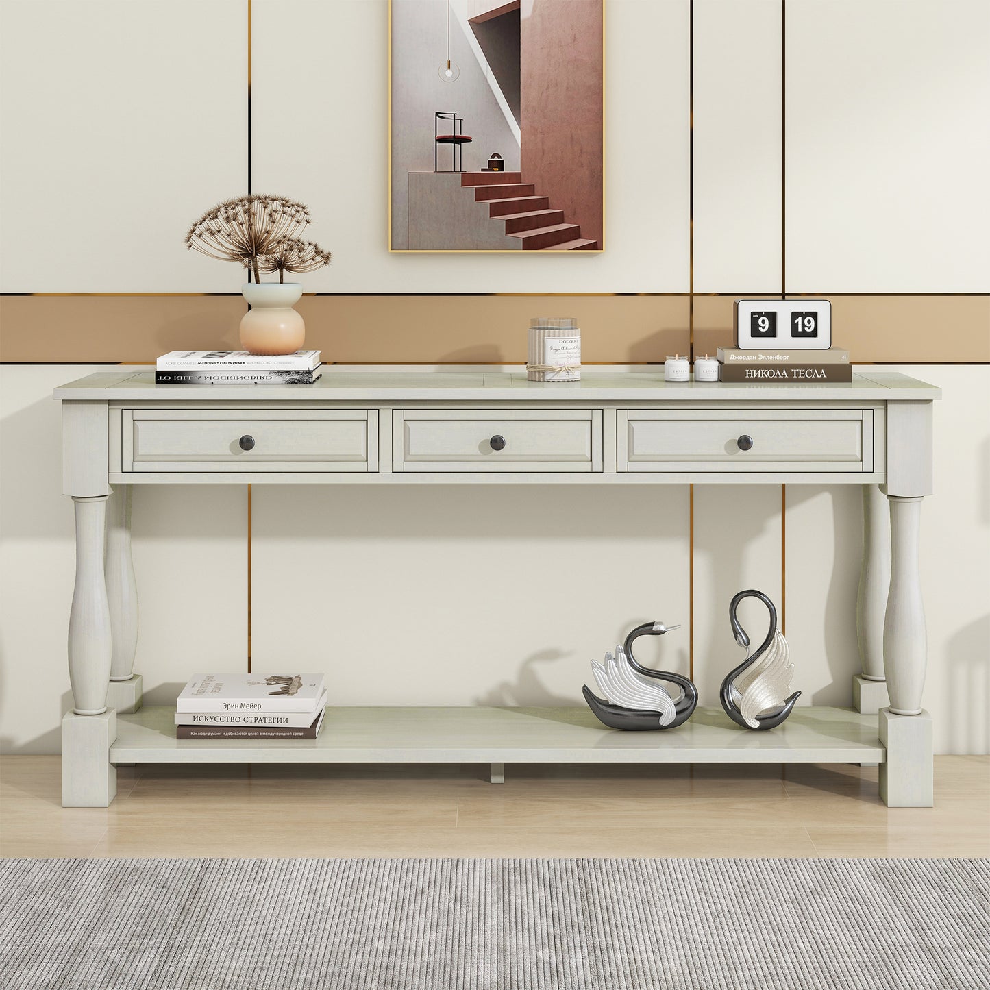 TREXM Console Table 63" Long Console Table with Drawers and Shelf for Entryway, Hallway, Living Room (Antique White, OLD SKU: WF193795AAK)