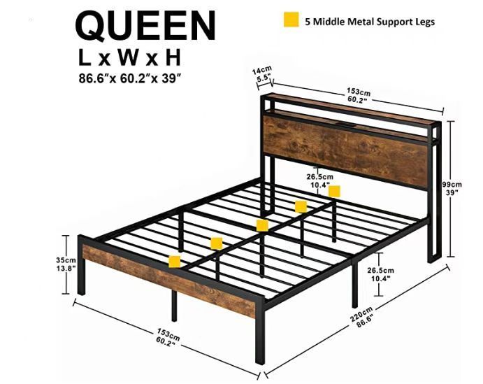 Queen Size  Metal Platform Bed Frame with Wooden Headboard and Footboard with USB LINER, No Box Spring Needed, Large Under Bed Storage, Easy Assemble