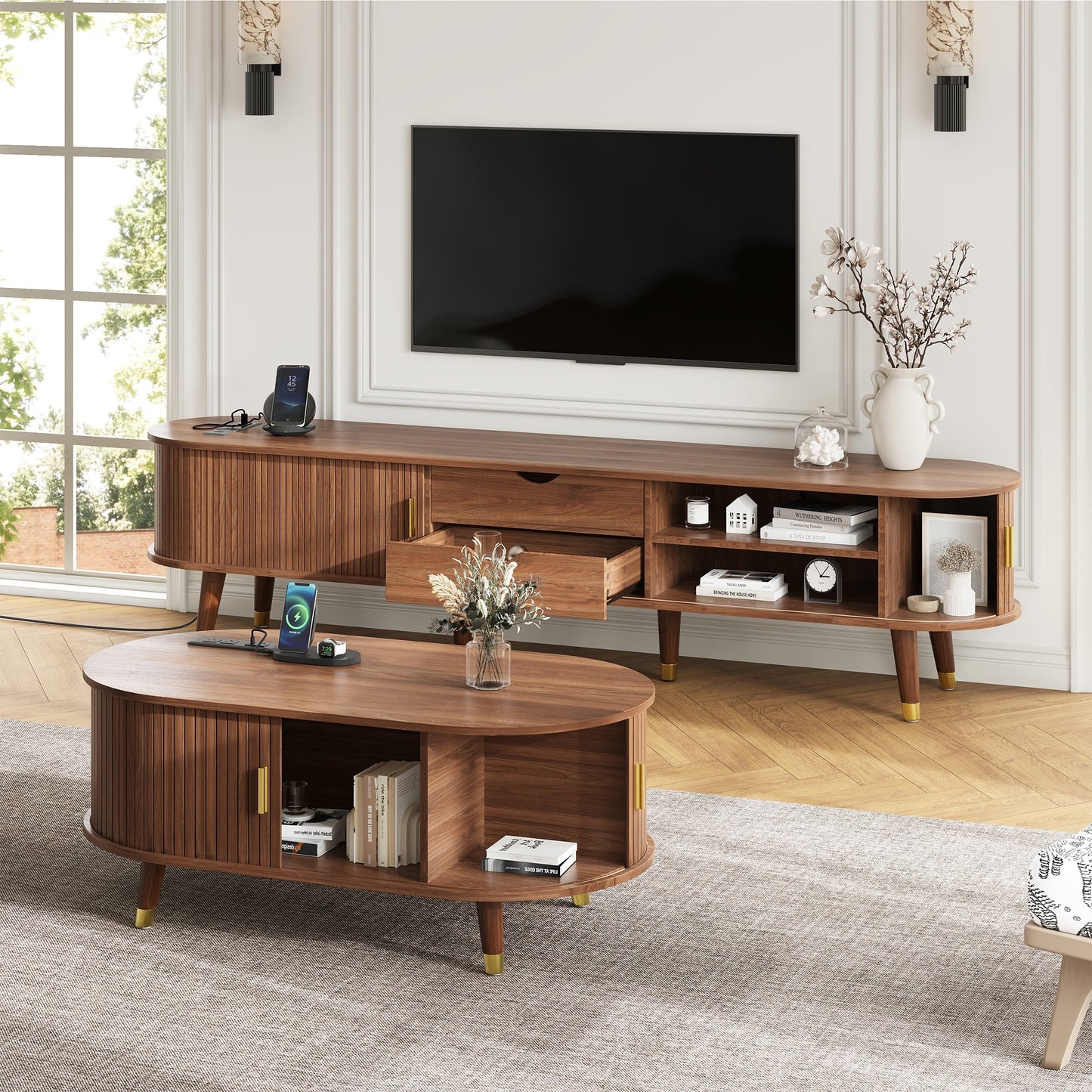 Wooden Farmhouse TV Stand & Coffee Table Set with Charging Station, Oval Fluted Media Console with Sliding Doors for TVs up to 80', Mid-Century Center Table with Solid Wood Legs for Living Room,Walnut