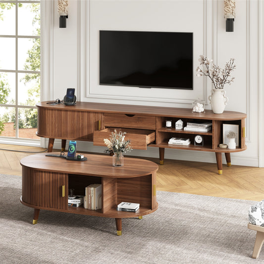 Wooden Farmhouse TV Stand & Coffee Table Set with Charging Station, Oval Fluted Media Console with Sliding Doors for TVs up to 80', Mid-Century Center Table with Solid Wood Legs for Living Room,Walnut