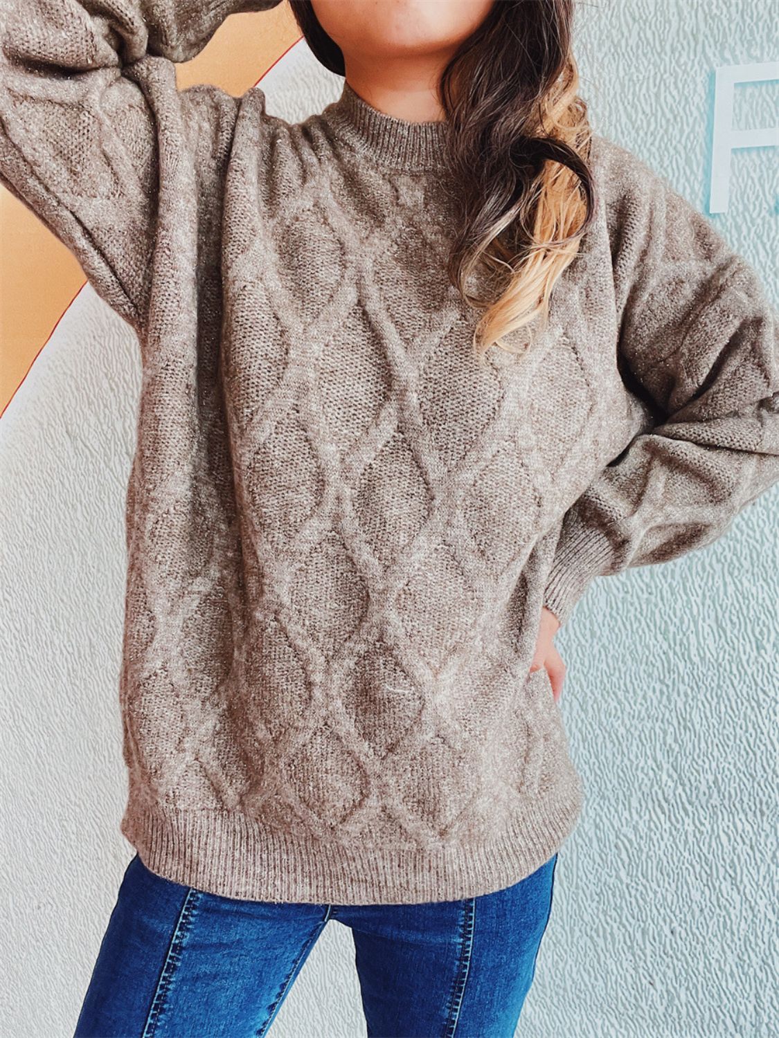 Diamond Round Neck Long Sleeve Sweater